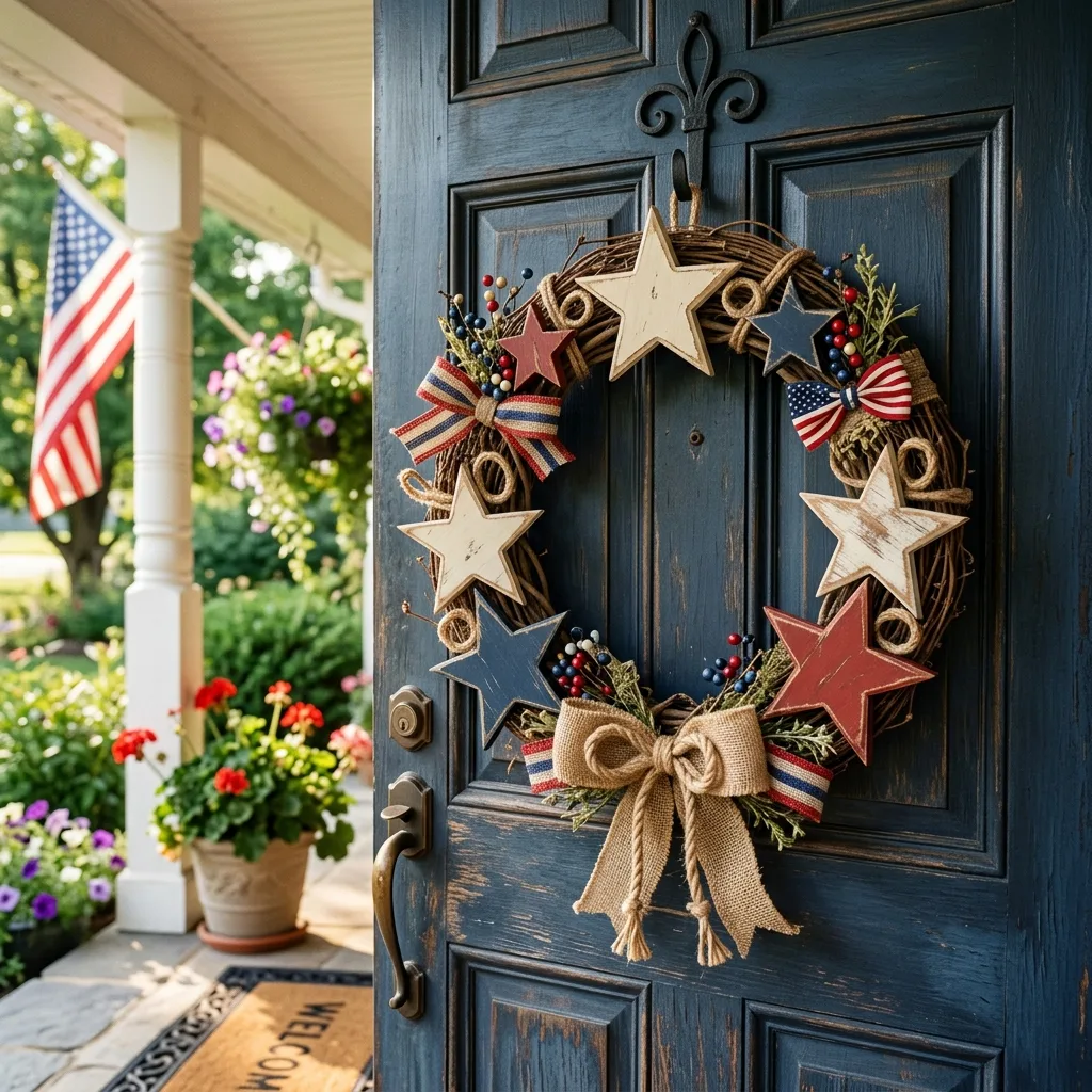 Patriotic wreath with wooden star accents